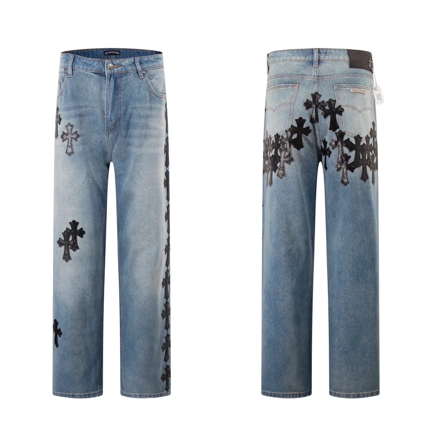 P260 Style No.: H84 Croxin & 𝐂𝐡𝐫𝐨𝐦𝐞 𝐇𝐞𝐚𝐫𝐭 ss25 blue and black leather test jeans. Styles with different washed textures are very friendly to people with thin legs. The slightly flared version perfectly modifies the leg shape. The timeless and moderate length makes it easy to match and match. It is the basis for various styles and is a must-have in your wardrobe! The fabric is stiff but also makes the upper body soft without losing texture. The washing process is even more perfect. It is a must-have item for everyone! ! ! Washed wheat, hang tag, pants label, three labels complete Color: blue Size: 30-32-34-36